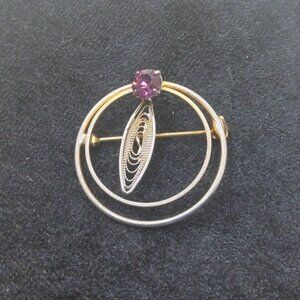 Vintage Silver & Gold Tone Circular Brooch With Purple Gemstone